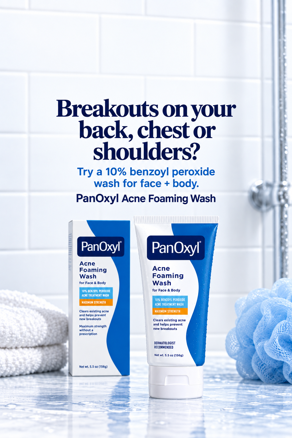 PanOxyl Acne Foaming Wash for face and body in a shower setting
